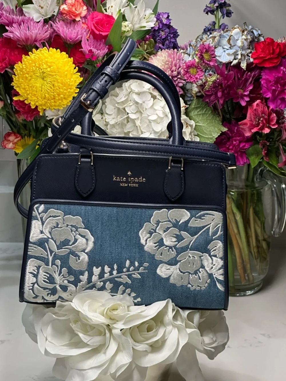 Kate Spade Madison Navy Blue Denim Floral Vase Embroidered Tote Crossbody Bag